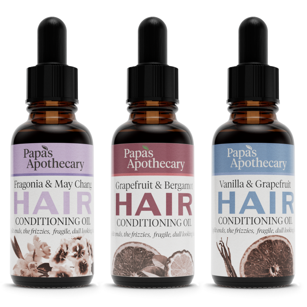 leave in hair conditioning oils - each has the same base blend of moringa, pomegranate, castor, coconut, and argan oils.  