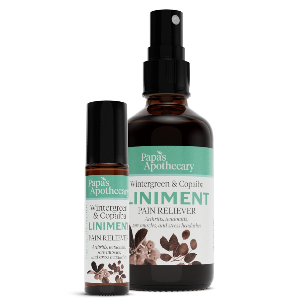 pain relieving liniment - wintergreen & Coipaiba - in a spray on or roll-on option