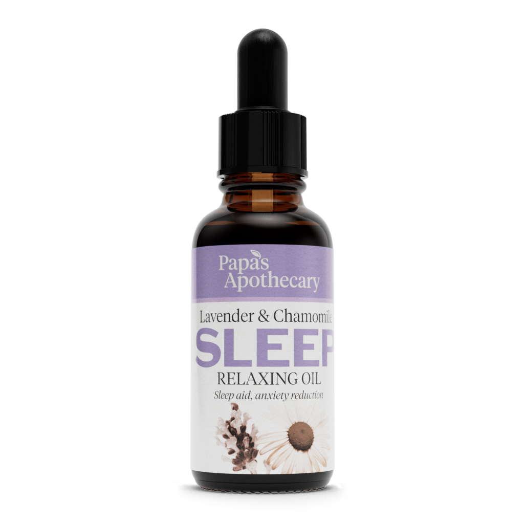 lavender & Chamomile relaxing sleep oil. also includes clary sage, ylang ylang, copaiba, sweet marjoram, and basil