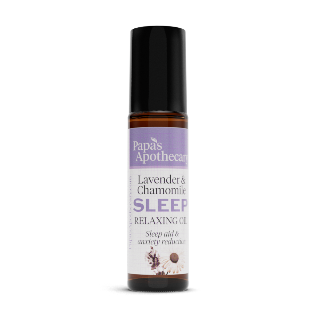 lavender & Chamomile relaxing sleep oil. also includes clary sage, ylang ylang, copaiba, sweet marjoram, and basil in a roll on